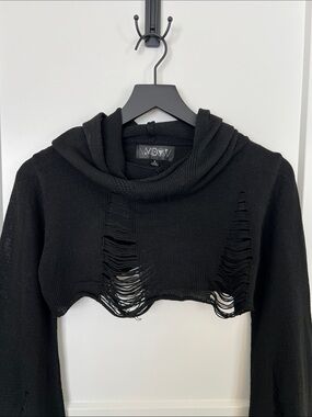 WIDOW Black Distressed Cropped Sweater Hoodie Top